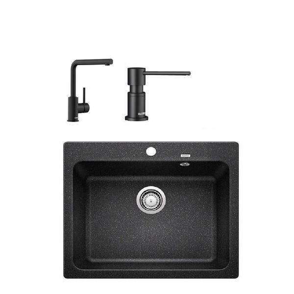 Blanco NAYA 6 Siyah Granit Tezgahüstü Eviye Set [MILA Batarya+LATO Sıvı Sabunluk+Tel Izgara]