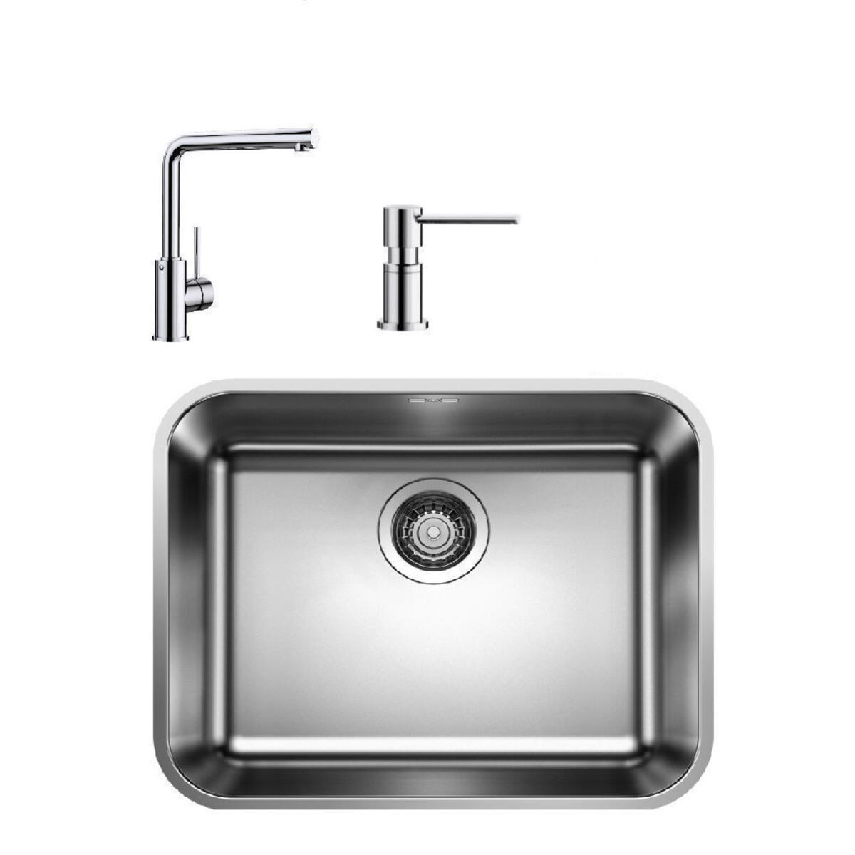 Blanco SUPRA 500 U Çelik Tezgahaltı Eviye Set [MILA Krom Batarya+LATO Krom Sıvı Sabunluk+Tel Izgara]